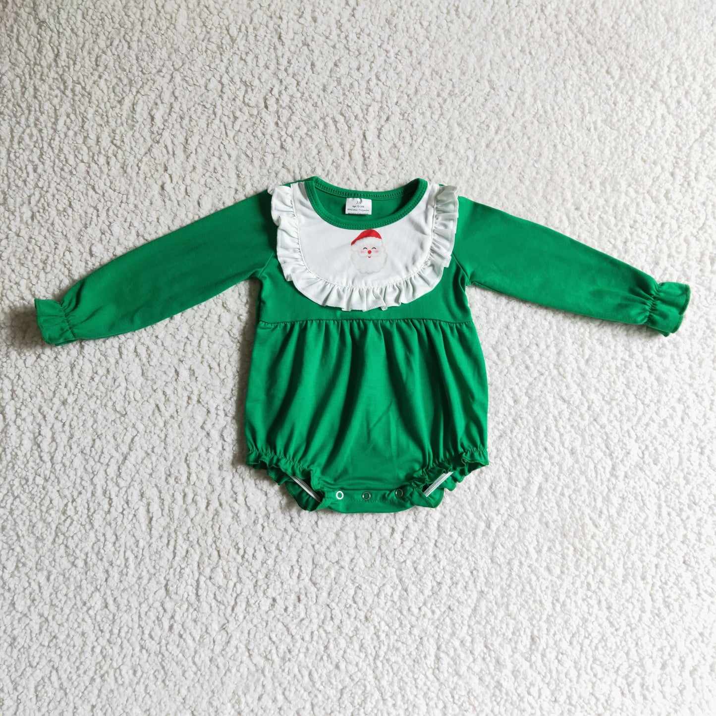 LR0173 Christmas Santa Green White Ruffles Girls Long Sleeve Romper