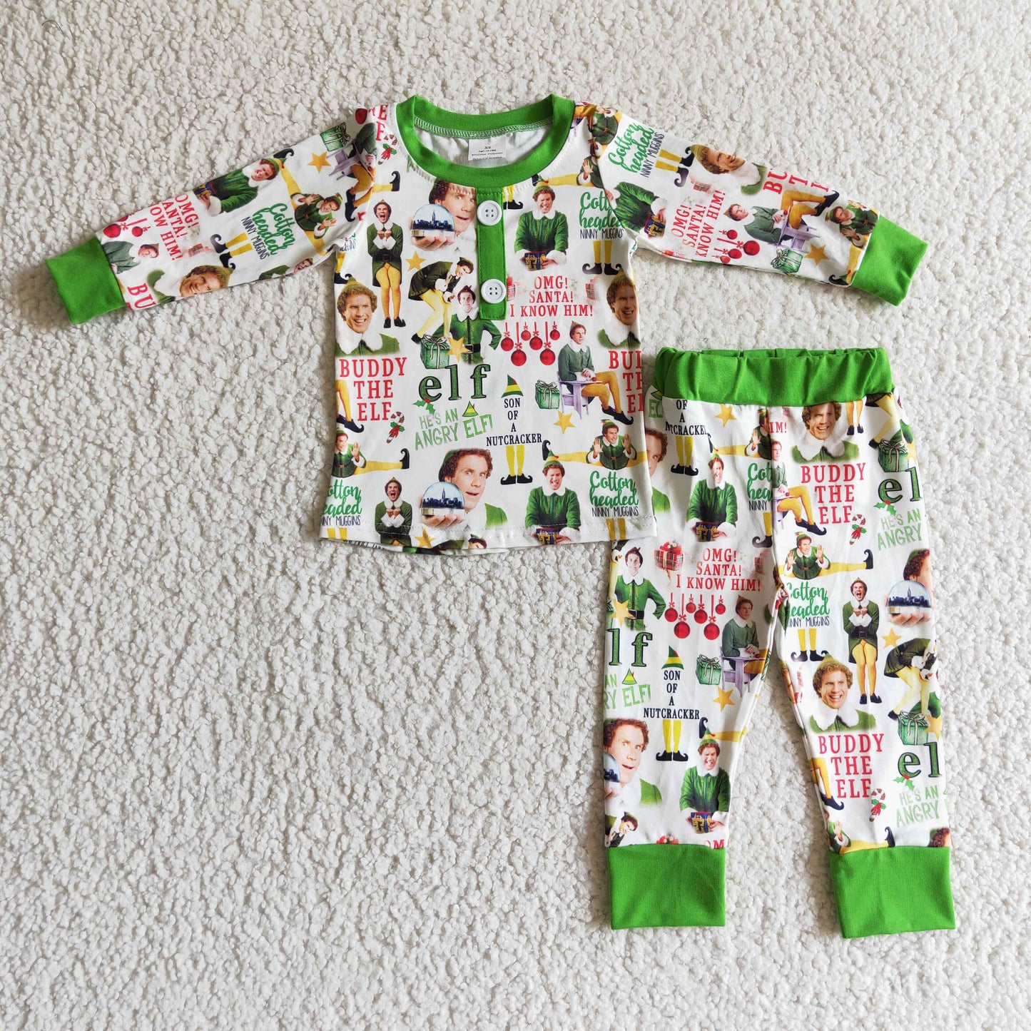 BLP0077 Christmas Green Cartoon Buddy Character Boys Long Sleeve Pajamas