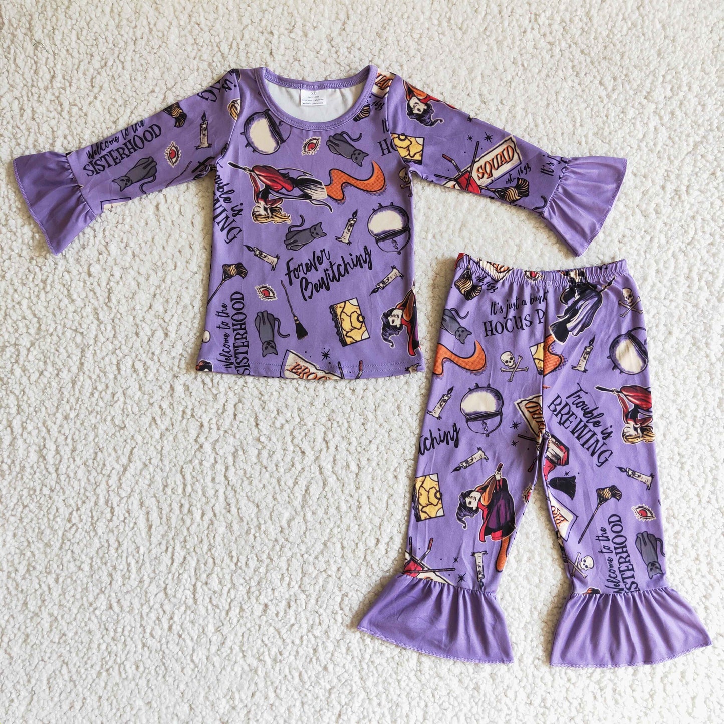 GLP0100 Halloween Purple Witch Magic Cartoon Girls Long Sleeve Pants Outfits Pajamas