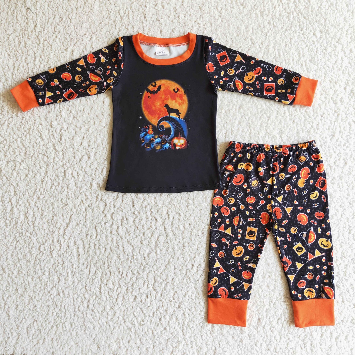 BLP0024 Halloween Pumpkin Orange Black Bat Boys Long Sleeve Pants Outfits Pajamas