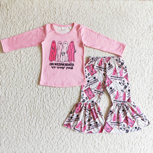 GLP0173 Halloween Ghost Cartoon On Wednesdays We Wear Pink Girls Long Sleeve Bell Bottom Pants Outfits