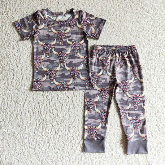 BSSO0086 Grey Green Highland Cow Head Leopard Camo Boys Short Sleeve Pants Outfits Pajamas