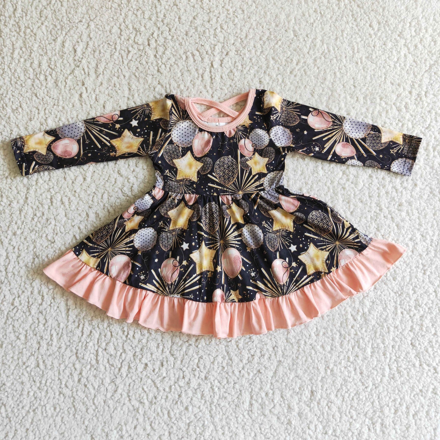 GLD0107 Happy New Year Balloon Start Black Yellow Pink Firework Ruffles Girls Long Sleeve Dresses