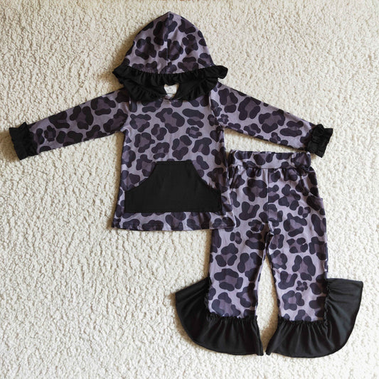 GLP0255 Black Leopard Pockets Ruffles Girls Long Sleeve Hoodies Outfits