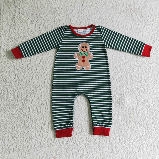 6 A27-2 Christmas Gingerbread Red Green Stripes Embroidery Boys Long Sleeve Romper