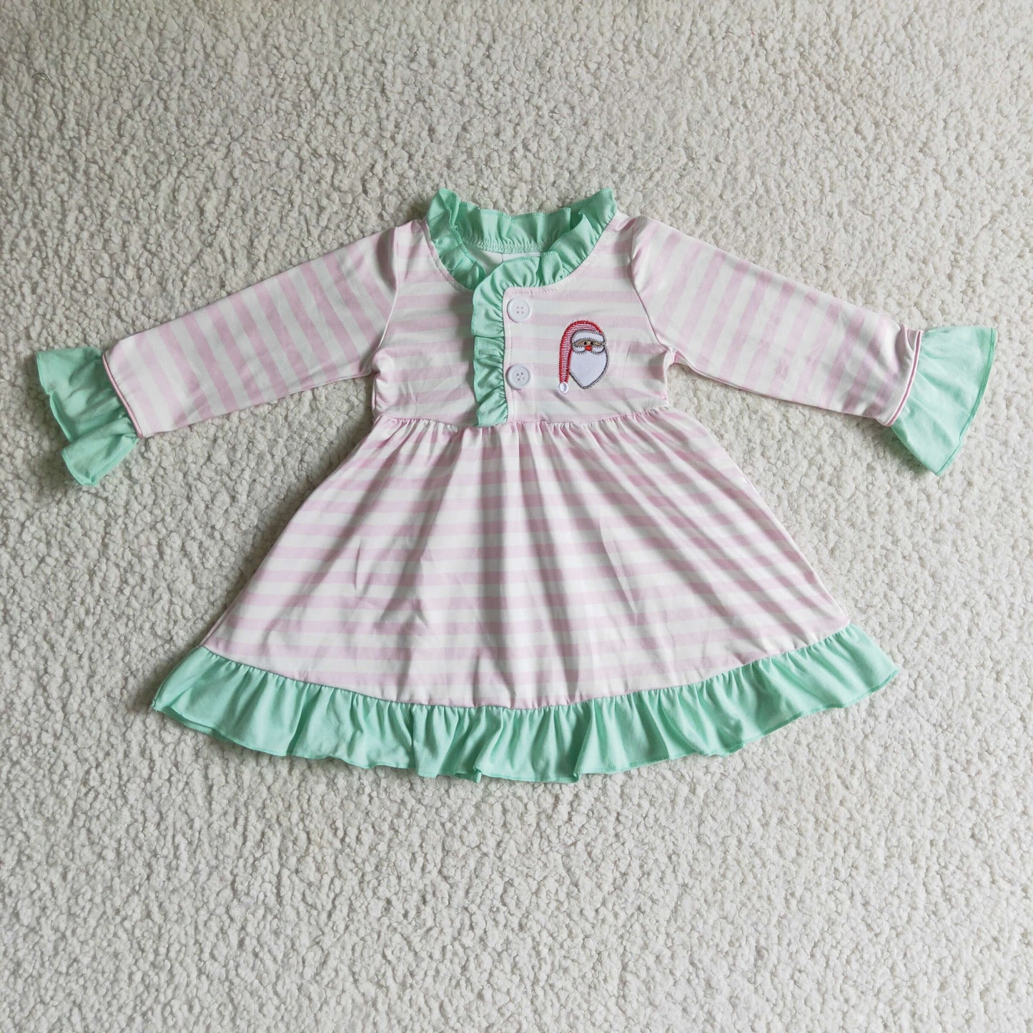 GLD0069 Christmas Green Pink Stripes Santa Embroidery Collar Girls Long Sleeve Dresses