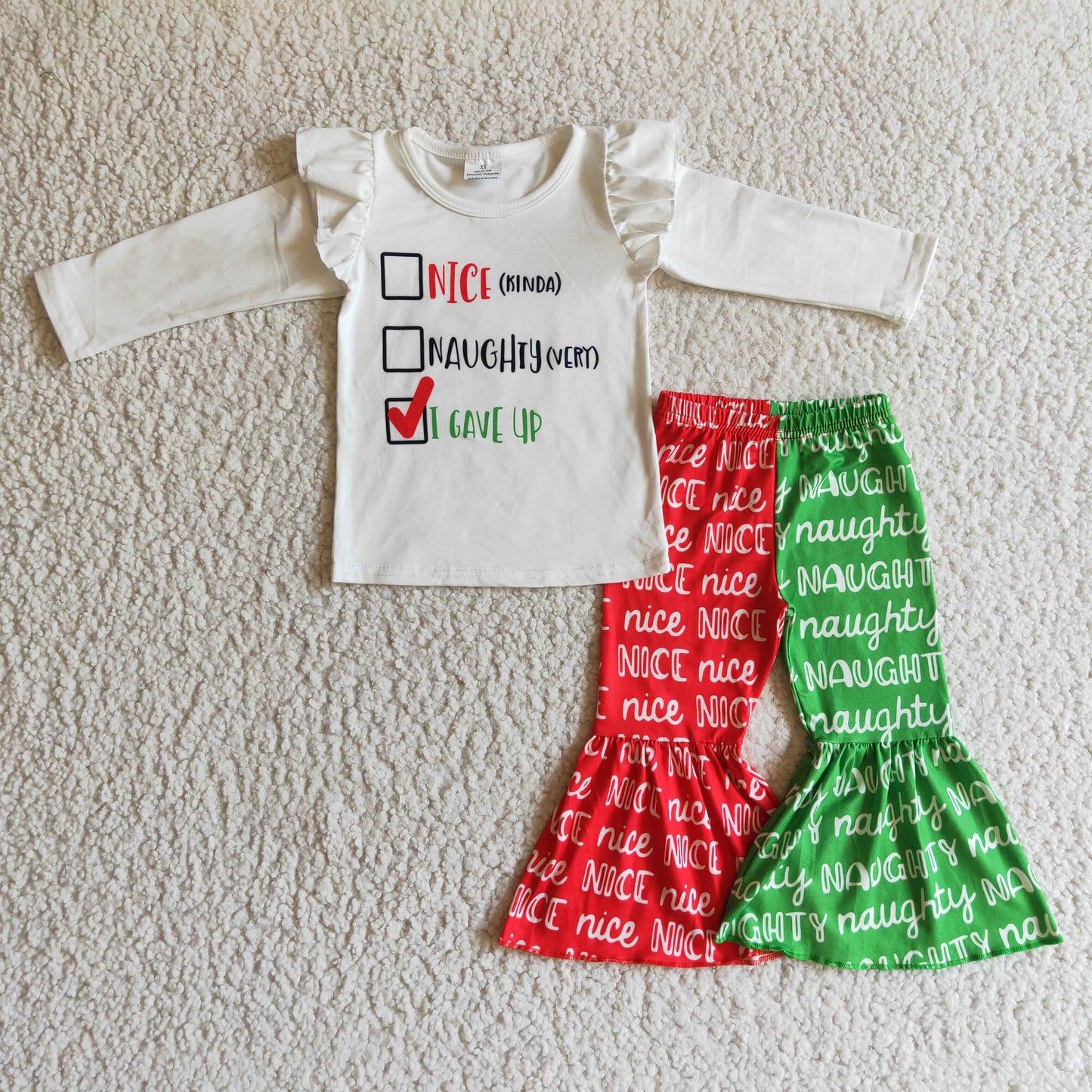 GLP0237 Christmas Red Green Nice Naughty Letter Girls Long Sleeve Bell Bottom Pants Outfits