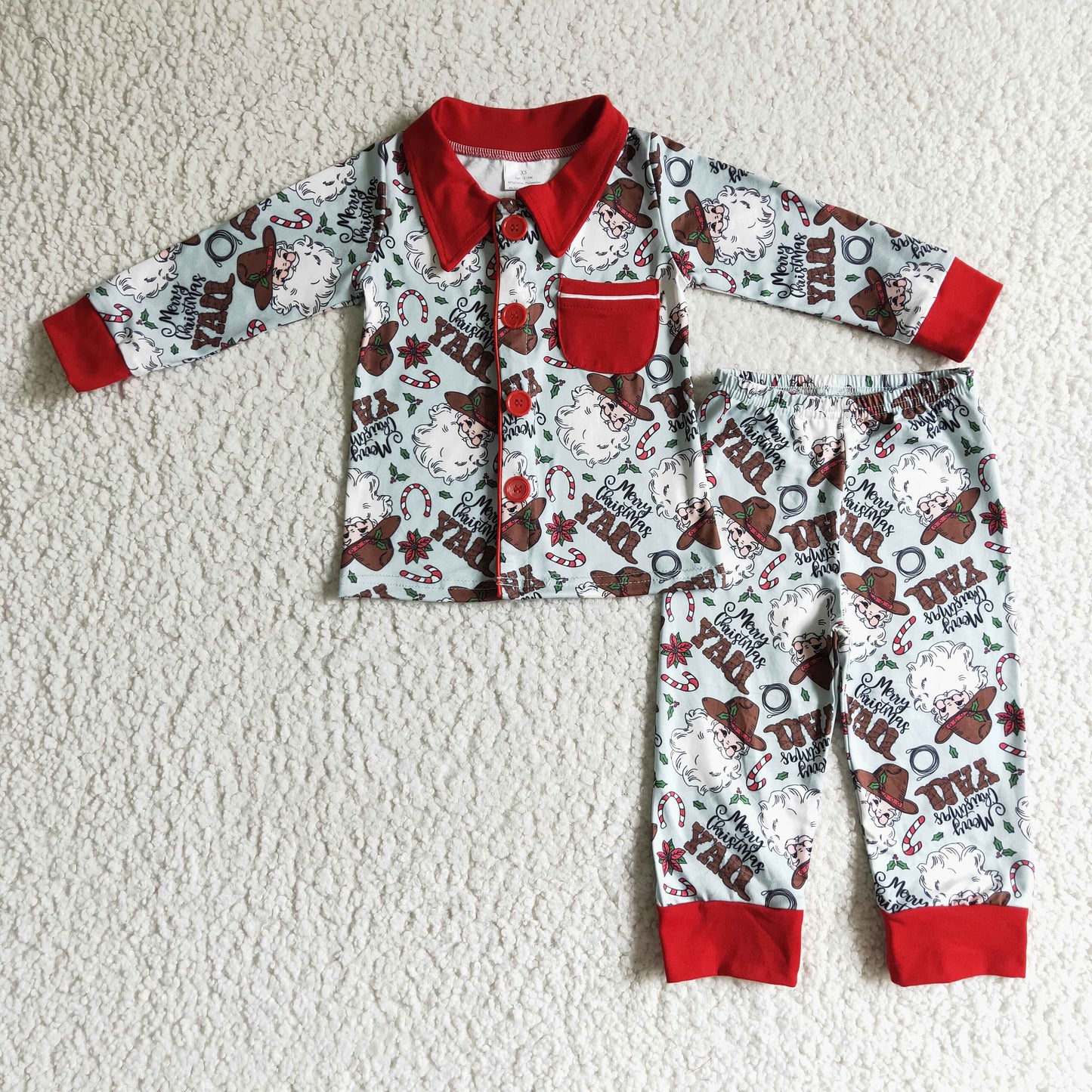 BLP0079 Merry Christmas Red Santa Yall Cowboy Pockets Collar Boys Long Sleeve Pajamas