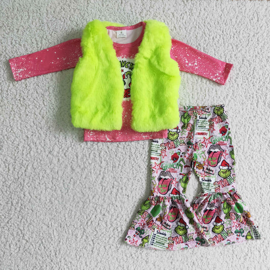 GLP0283 Christmas Pink Santa Red Green Cartoon Girls Long Sleeve Bell Bottom Pants Outfits