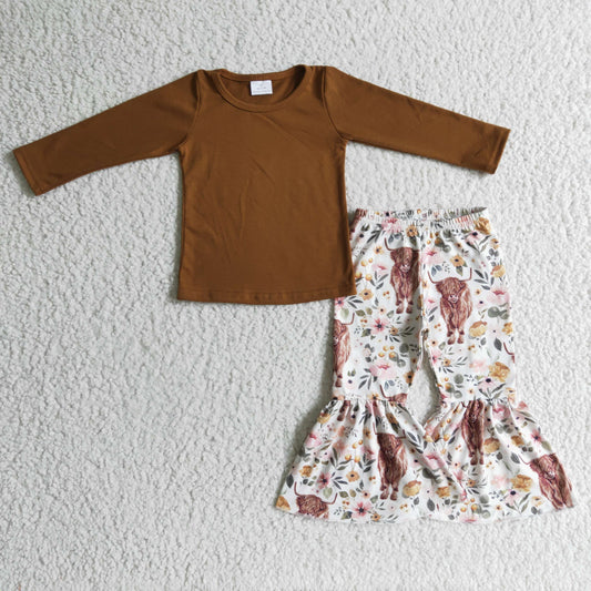 GLP0277 Highland Cow Brown Pink Floral Flower Girls Long Sleeve Bell Bottom Pants Outfits