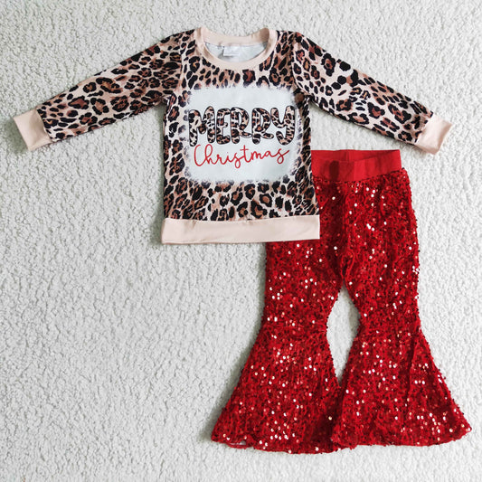 GLP0334 2Pcs Merry Christmas Leopard Red Sequin Girls Long Sleeve Bell Bottom Pants Outfits