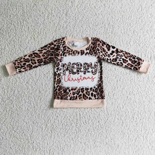 GT0060 Merry Christmas Leopard Pink Girls Long Sleeve Top T-shirts