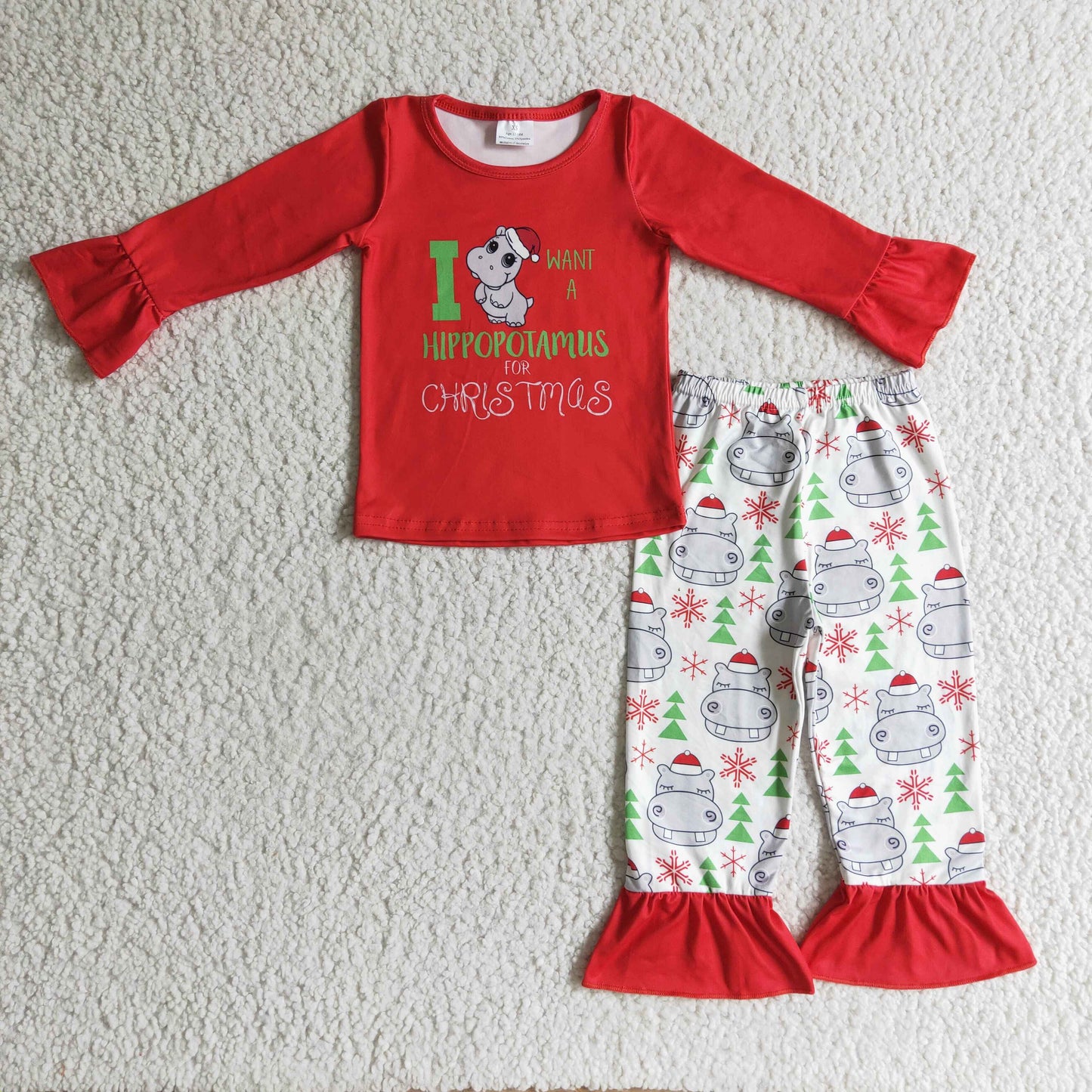 GLP0302 Christmas Red Hippo Santa I Want A Hippopotamus For Girls Long Sleeve Pants Outfits