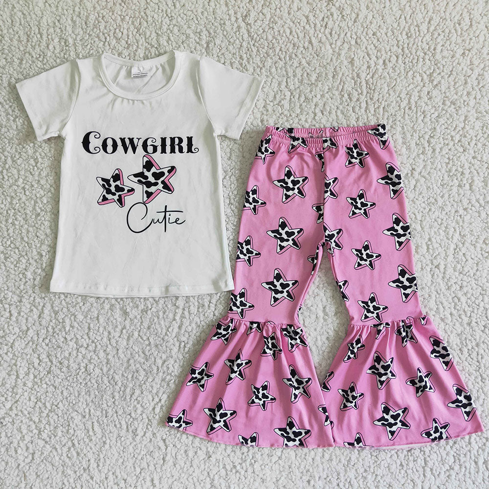 GSPO0044 Cowgirl Cutie Cow Print Pink Stars With Bow 3pcs Girls Short Sleeve Pants Outfits