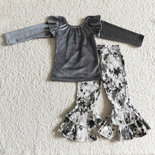 GLP0337 2Pcs Grey Velvet Top + Grey Double Ruffles Denim Girls Long Sleeve Pants Outfits