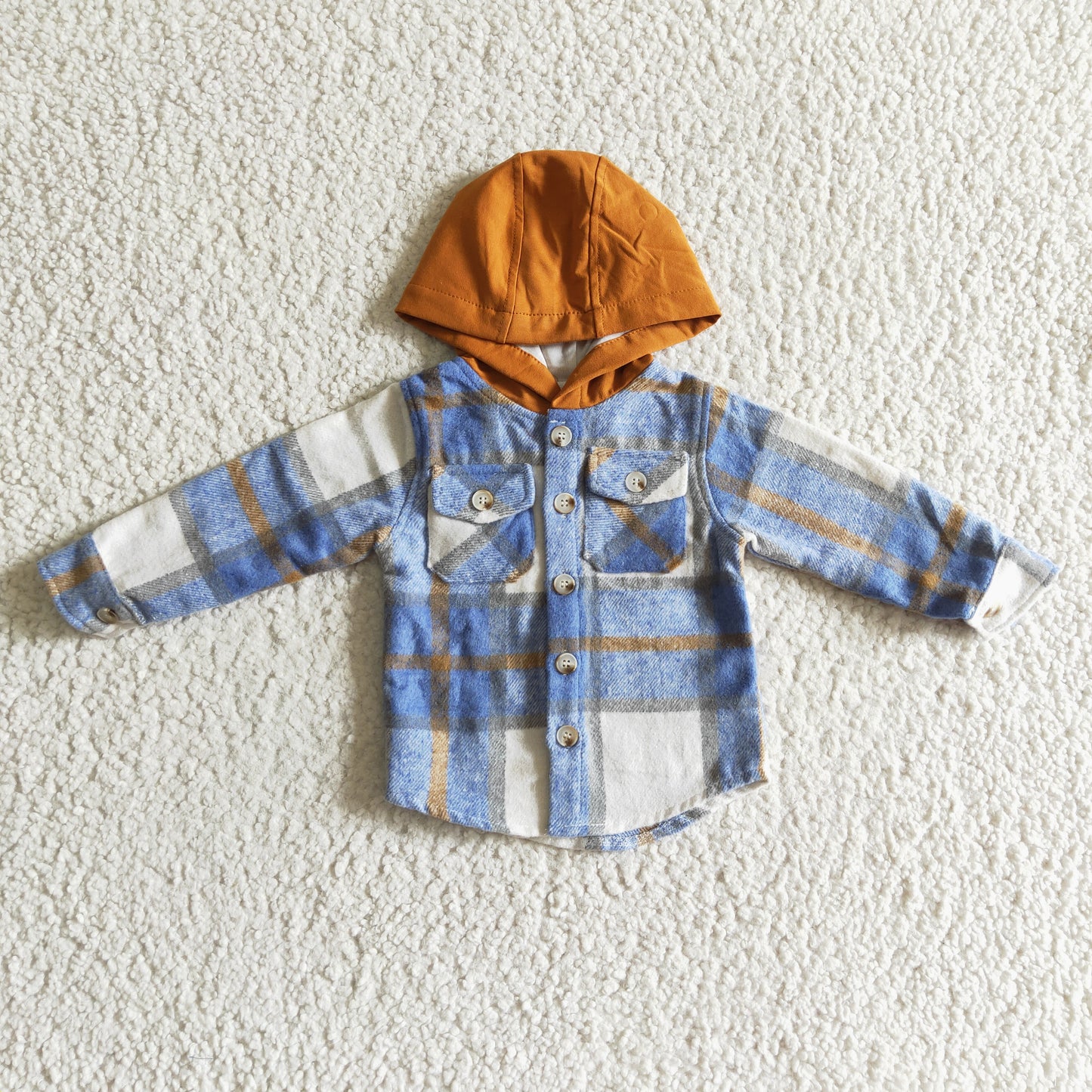 BT0074 Blue Plaid Brown Pockets Boys Long Sleeve Hoodies Top