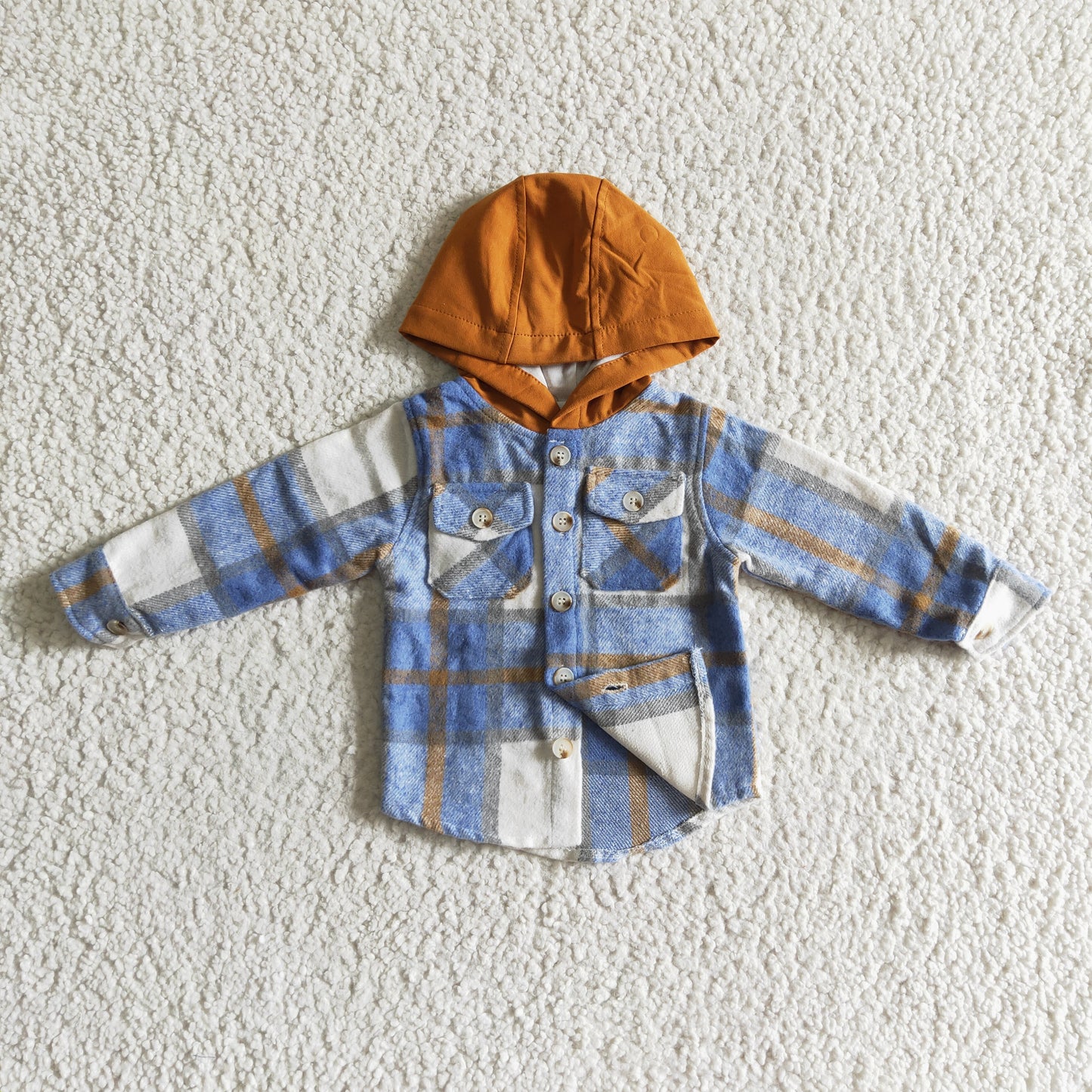 BT0074 Blue Plaid Brown Pockets Boys Long Sleeve Hoodies Top