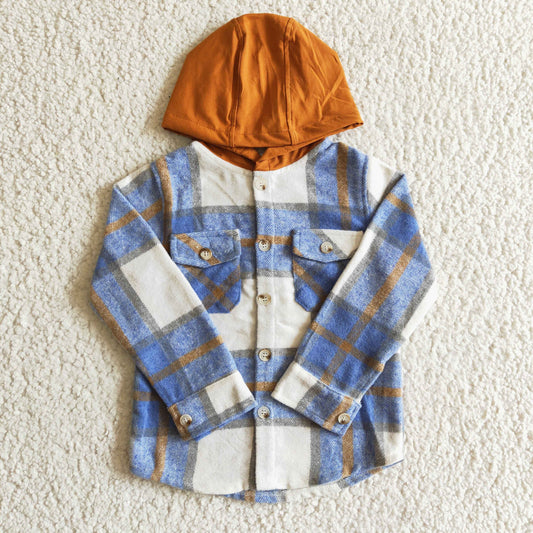 BT0074 Blue Plaid Brown Pockets Boys Long Sleeve Hoodies Top