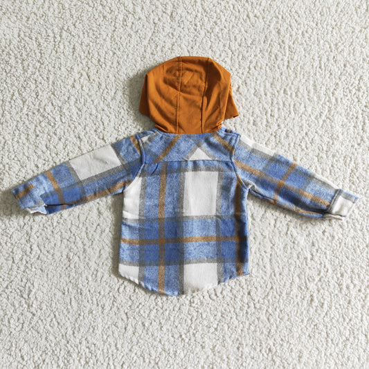 BT0074 Blue Plaid Brown Pockets Boys Long Sleeve Hoodies Top