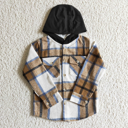 BT0076 Brown Plaid Black Pockets Boys Long Sleeve Hoodies Top