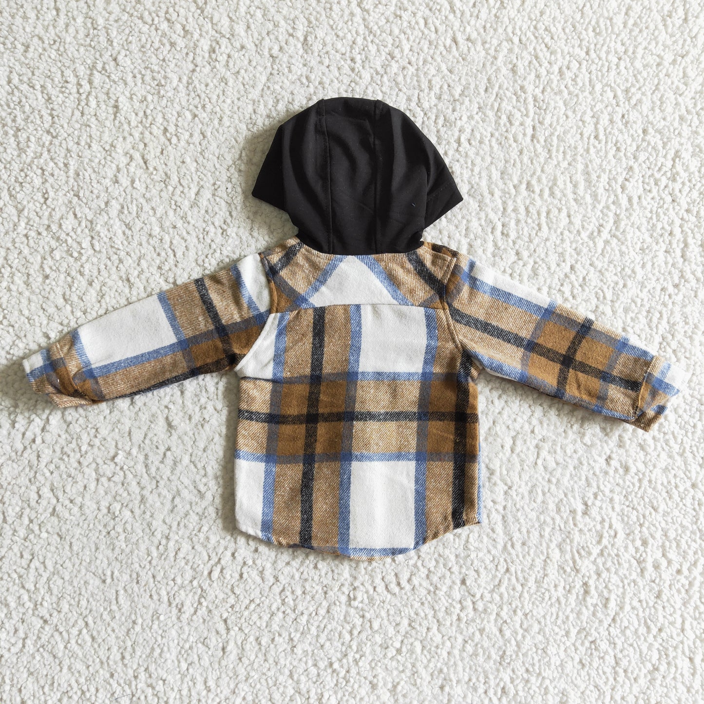 BT0076 Brown Plaid Black Pockets Boys Long Sleeve Hoodies Top