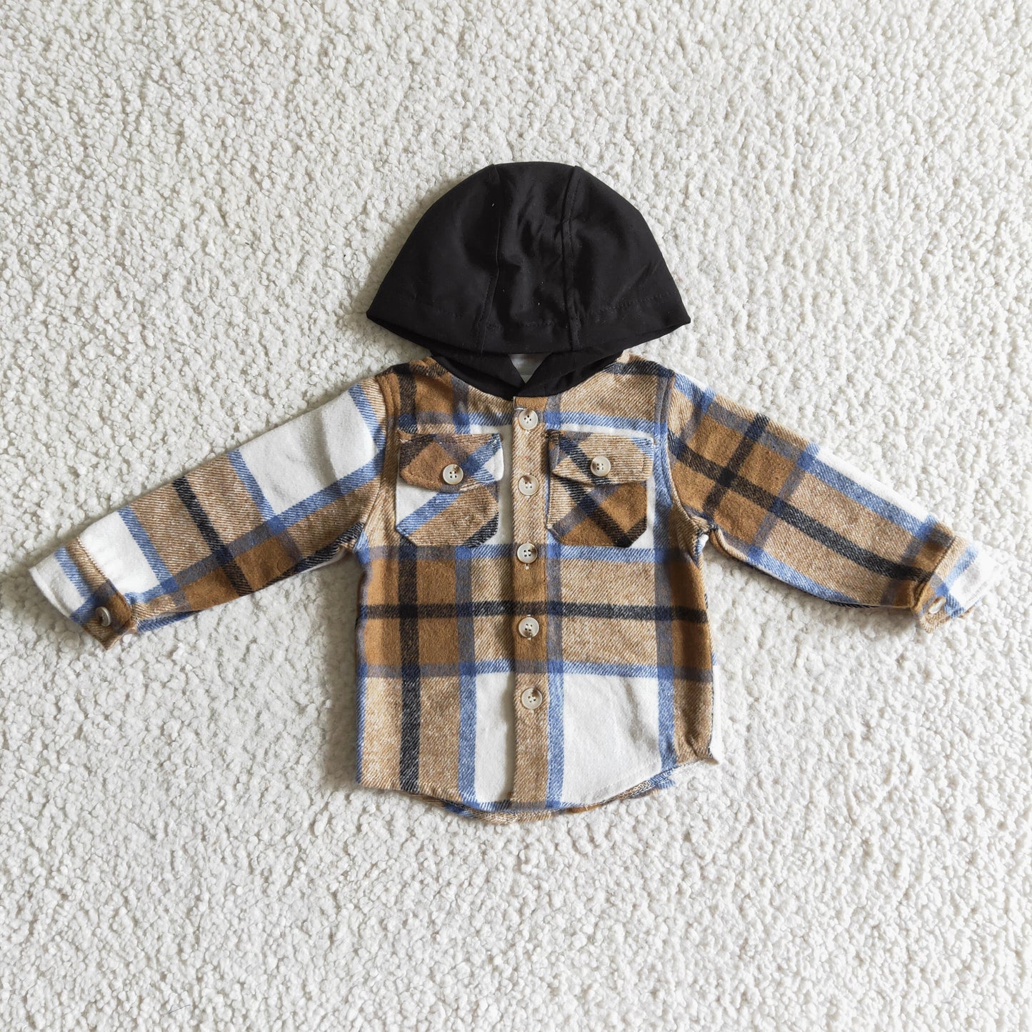 BT0076 Brown Plaid Black Pockets Boys Long Sleeve Hoodies Top