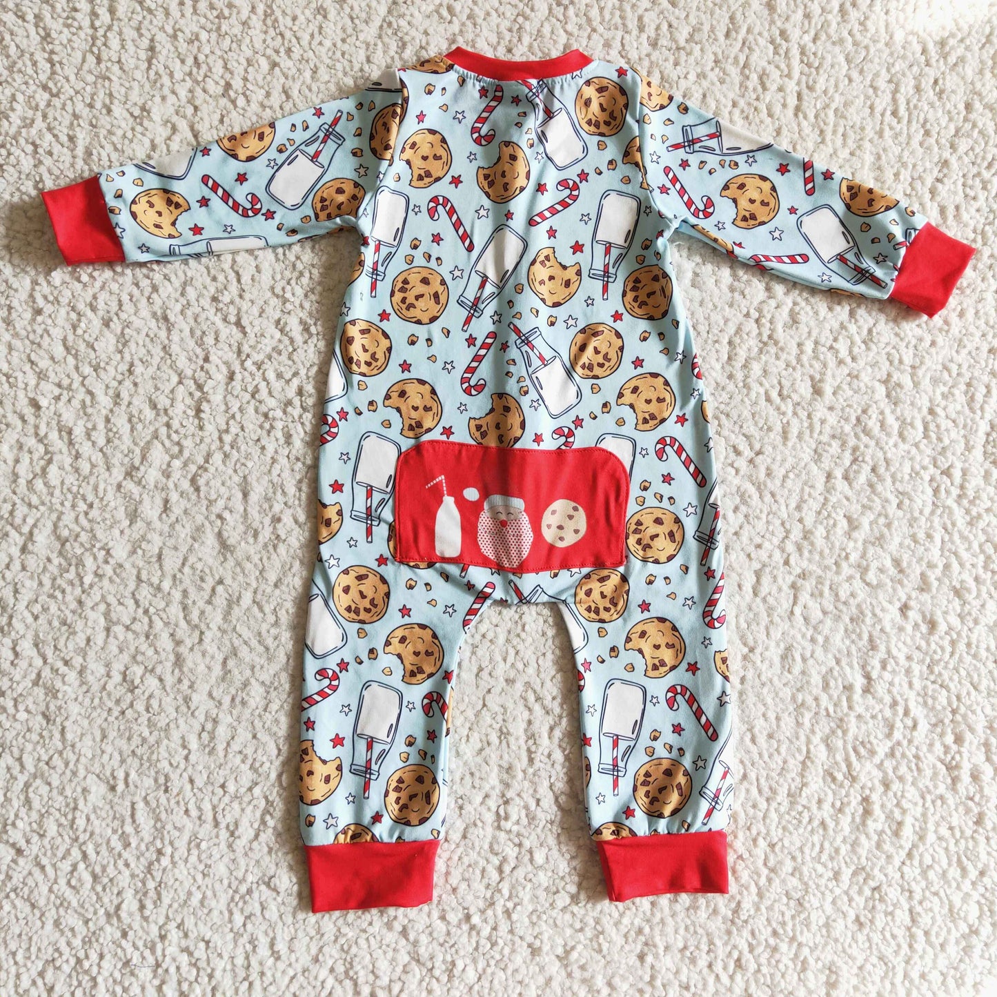 LR0186 Christmas Red Blue Santa Milk Cake Cookies Boys Long Sleeve Romper