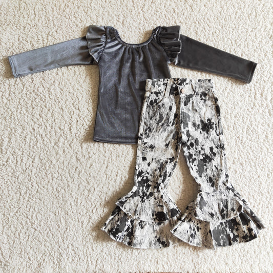 GLP0337 2Pcs Grey Velvet Top + Grey Double Ruffles Denim Girls Long Sleeve Pants Outfits