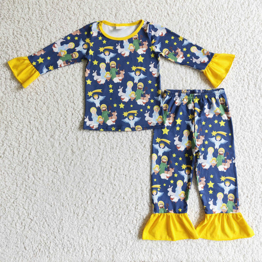 GLP0290 Christmas Blue Yellow Jesus Starts Girls Long Sleeve Pants Outfits Pajamas