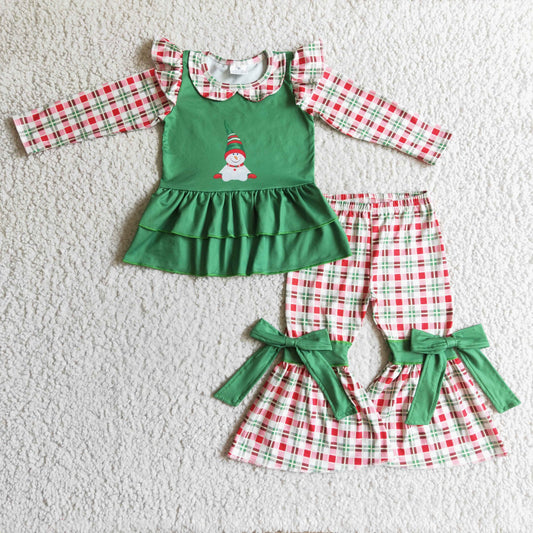 GLP0270  Christmas Red Green Plaid Santa Ruffles Bow Girls Long Sleeve Bell Bottom Pants Outfits