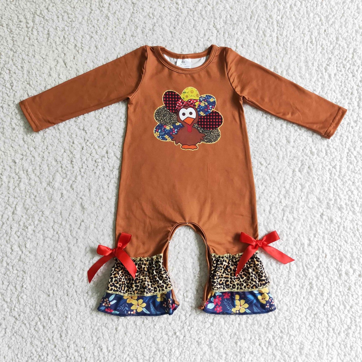 LR0171 Thanksgiving Turkey Brown Floral Girls Long Sleeve Romper