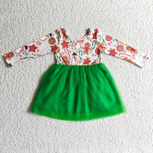 GLD0133 Christmas Red Green Gingerbread Cake Tree Snowman Tulle Tutu Girls Long Sleeve Dresses