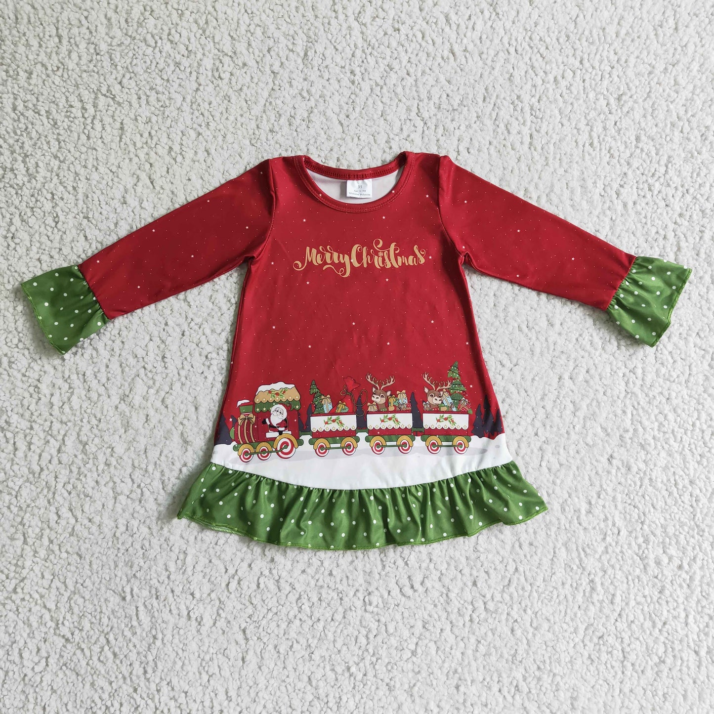 GLD0147 Merry Christmas Santa Deer Tree Car Red Green Girls Long Sleeve Dresses