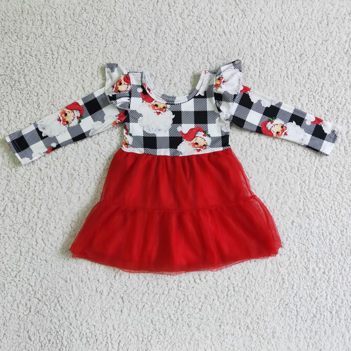 GLD0121 Christmas Santa Red Black Plaid Tulle Tutu Girls Long Sleeve Dresses