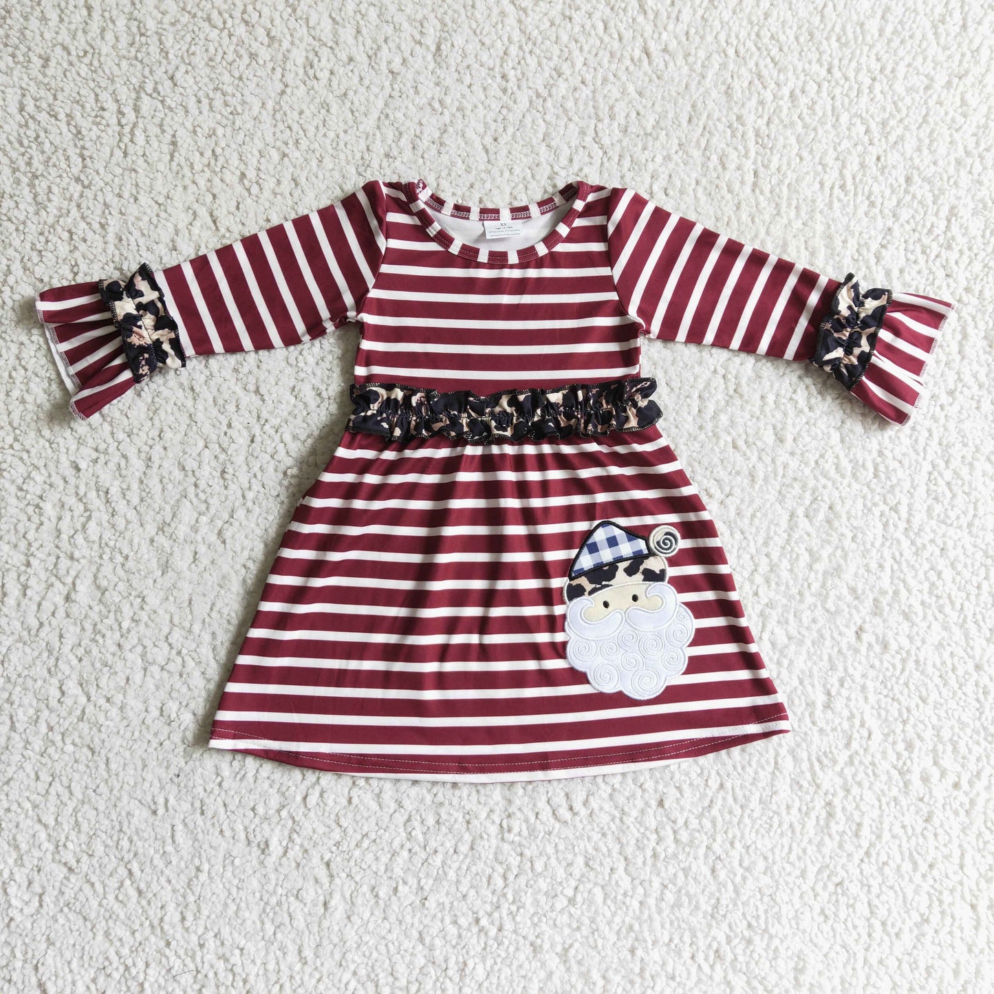 GLD0071 Christmas Red Stripes Santa Leopard Girls Long Sleeve Dresses