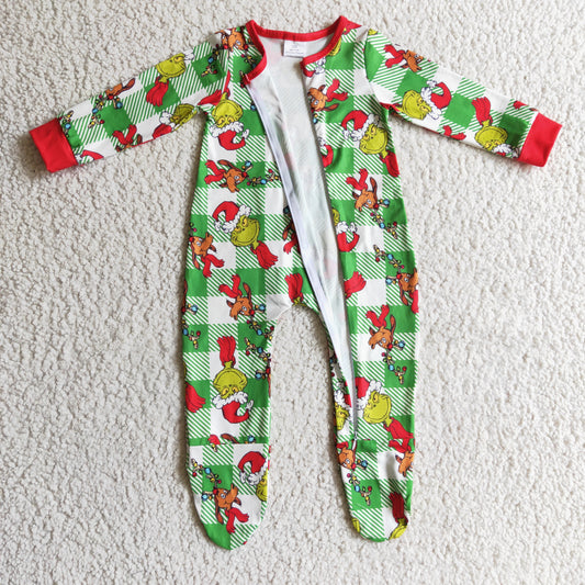 LR0194 Christmas Red Green Cartoon Dog Zipper Girls Long Sleeve Romper