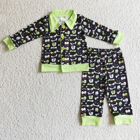 BLP0032 Christmas Green Cartoon Black Collar Boys Long Sleeve Pants Outfits Pajamas