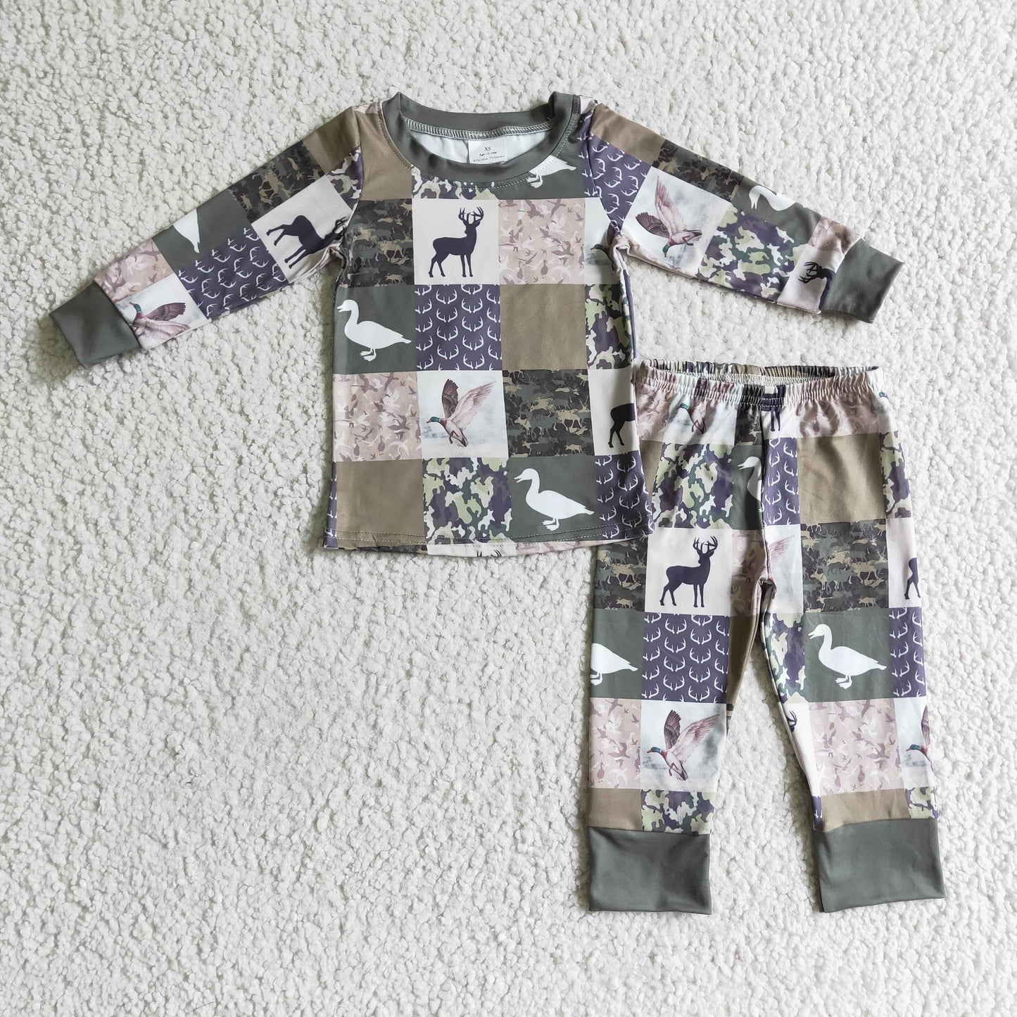 BLP0132 Christmas Green Plaid Deer Duck Camo Boys Long Sleeve Pants Outfits Pajamas