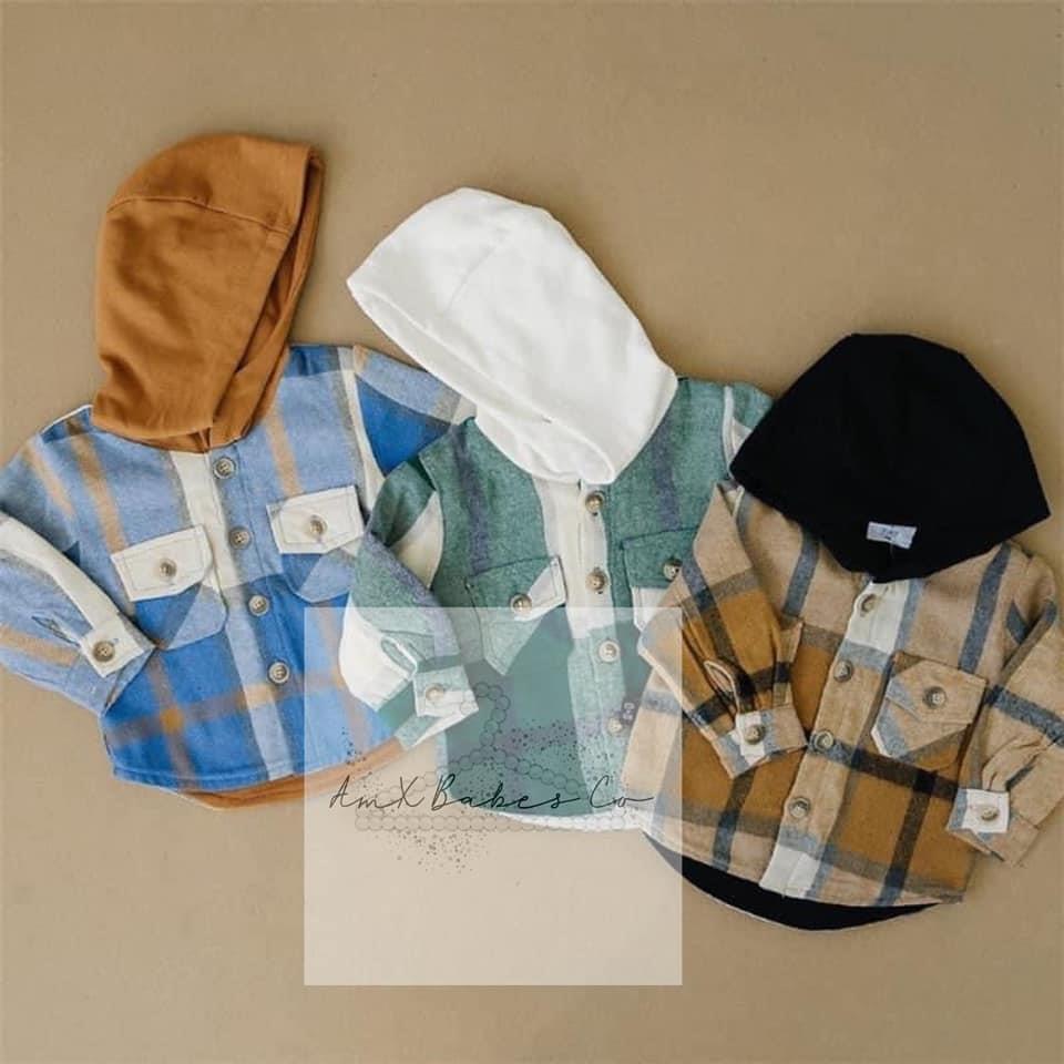 BT0074 Blue Plaid Brown Pockets Boys Long Sleeve Hoodies Top