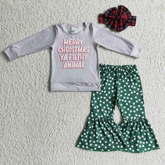 6 A7-16 Merry Christmas Ya Filthy Animal Grey Green With Bow Headband 3pcs Girls Short Sleeeve Bell Bottom Pants Outfits