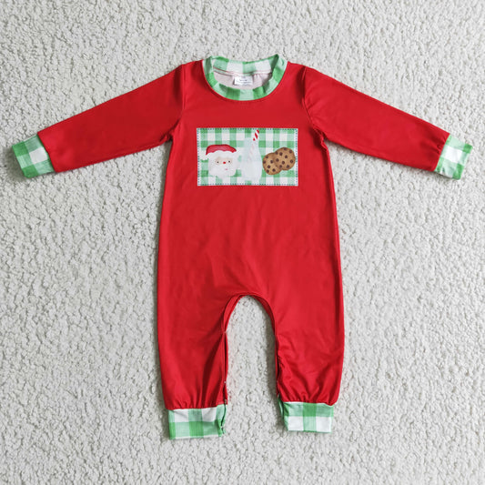 LR0189 Christmas Red Green Plaid Santa Milk Cake Cookies Boys Long Sleeve Romper