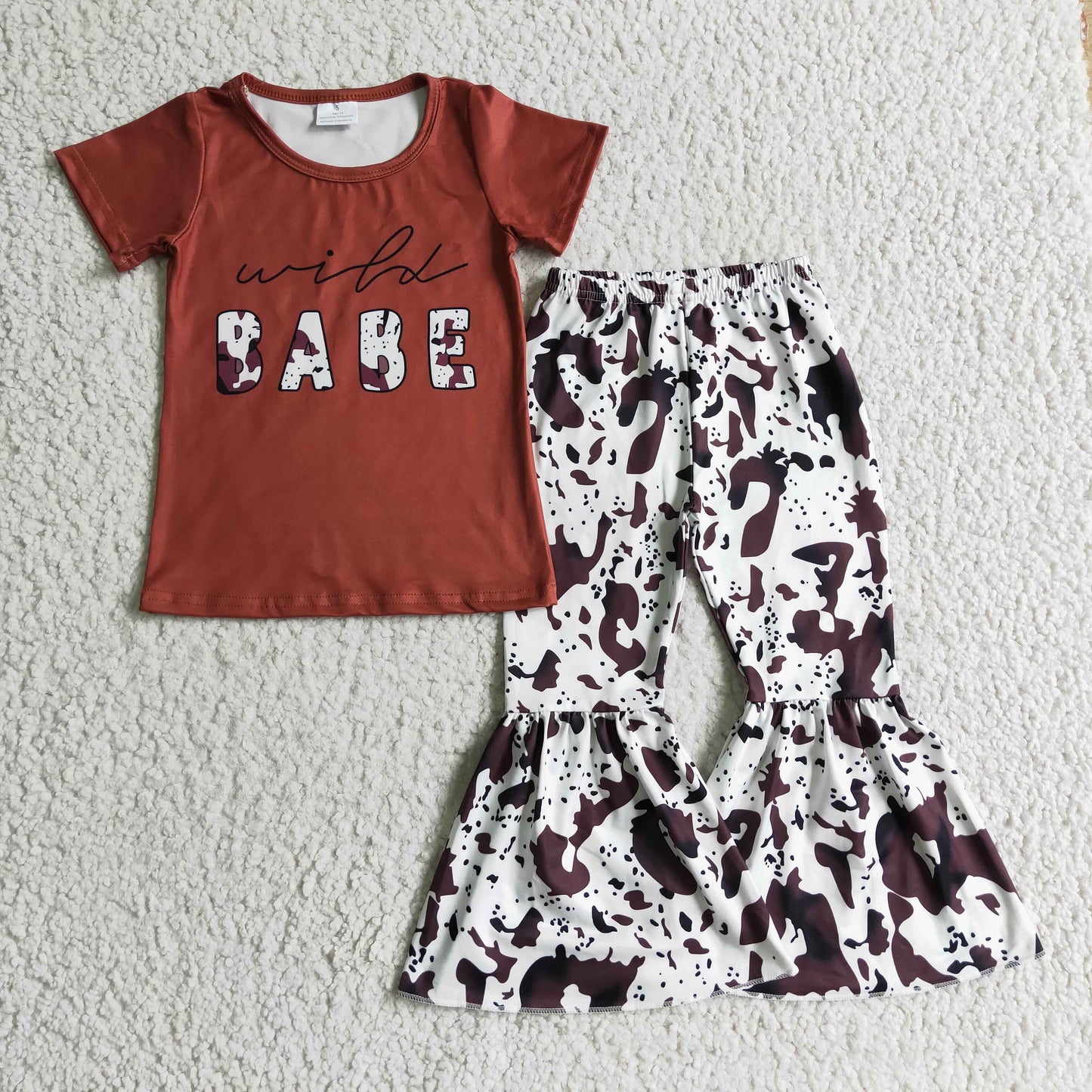 GSPO0164 Wild Babe Red Brown Cow Print Western Girls Short Sleeve Bell Bottom Pants Outfits