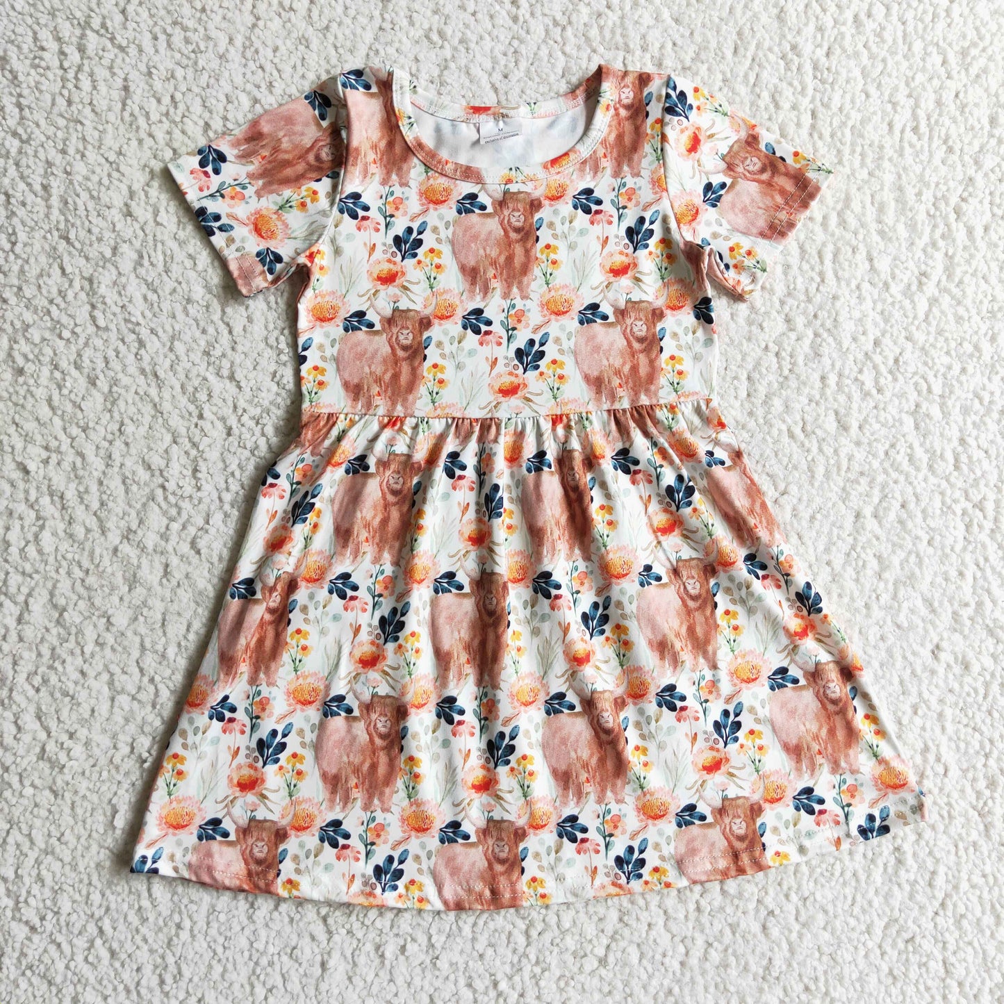 GSD0154 Orange Highland Cow Floral Flower Girls Short Sleeve Dresses