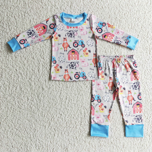 BLP0138 Blue Pink Farm Life Horses Cow Pig Chicken Boys Long Sleeve Pants Outfits Pajamas