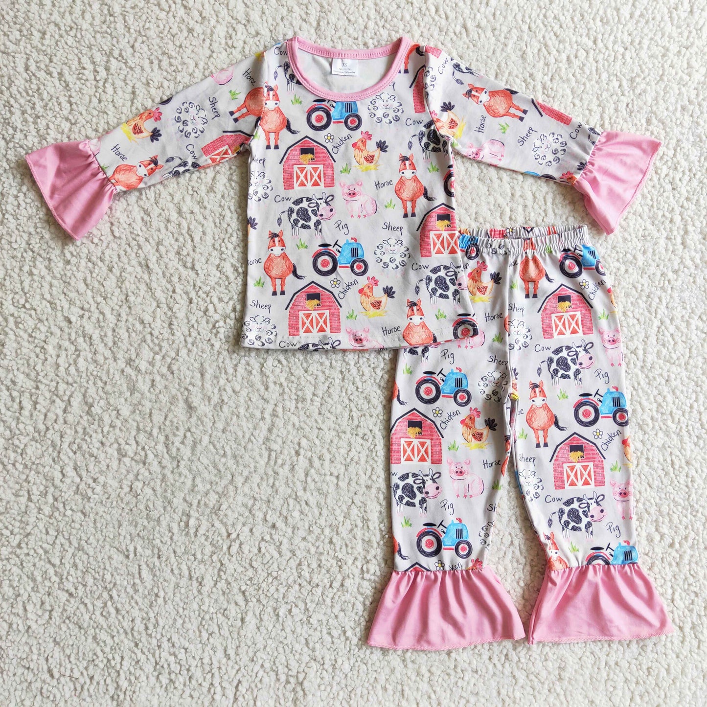 GLP0342 Blue Pink Farm Life Horses Cow Pig Chicken Girls Long Sleeve Pants Outfits Pajamas