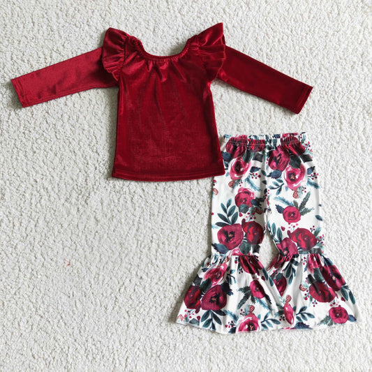 GLP0361 Red Floral Flower Velvet Girls Long Sleeve Bell Bottom Pants Outfits