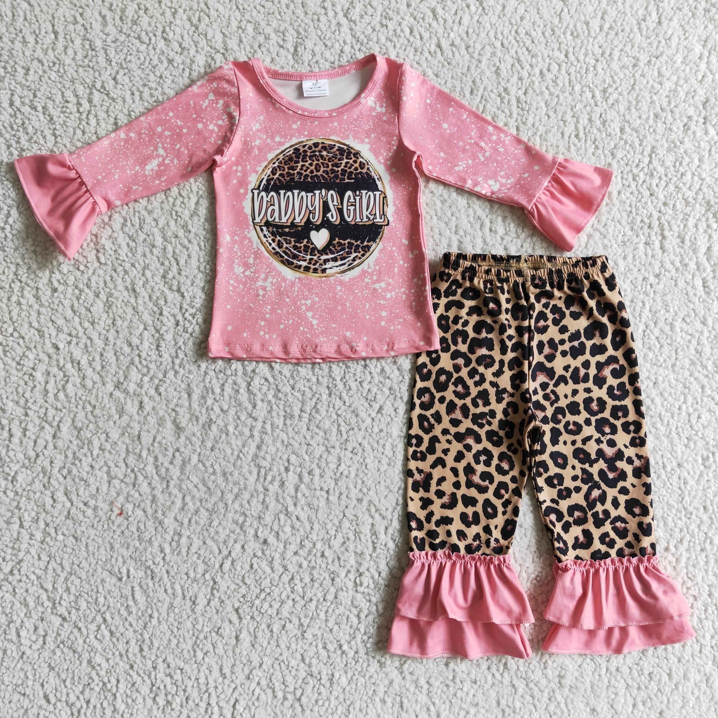 GLP0328 Daddy's Girl Love Pink Bleach Leopard Girls Long Sleeve Pants Outfits