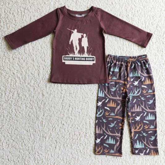 BLP0125 Brown Green Camo Daddy Hunting Buddy Leaf Leaves Boys Long Sleeve Pants Outfits