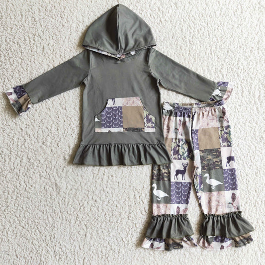 GLP0319 Christmas Green Plaid Deer Duck Camo Pocket Girls Long Sleeve Hoodies Outfits