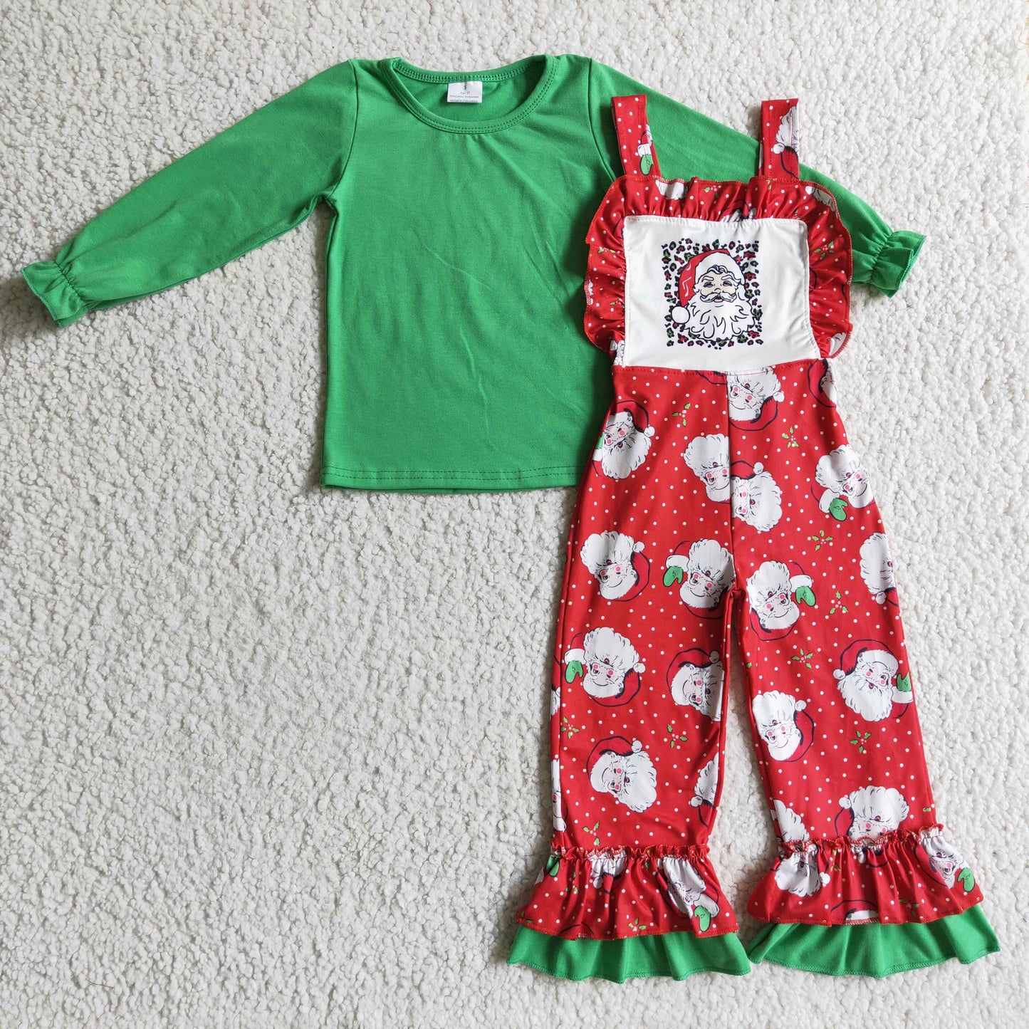 6 C7-4 Santa Christmas Green Red Overalls Girls Long Sleeve Bell Bottom Pants Outfits